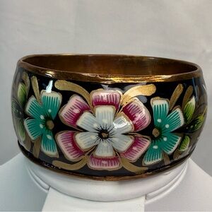 Floral Enamel Bangle Bracelet in Black, Pink & Teal